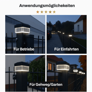 Solar Zaunleuchten LED auf 60x40mm Zaunpfosten. Zeigt Anwendungen für Einfahrten, Gärten und Betriebe mit neutralweißem Licht.
