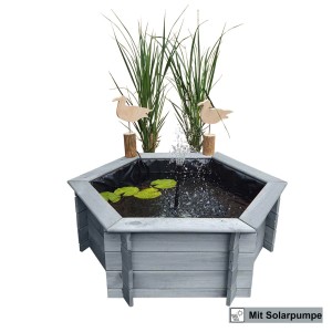Promadino Sechseck-Hochteich Ø 100 cm inkl. Solarpumpe Grau aus Kiefernholz