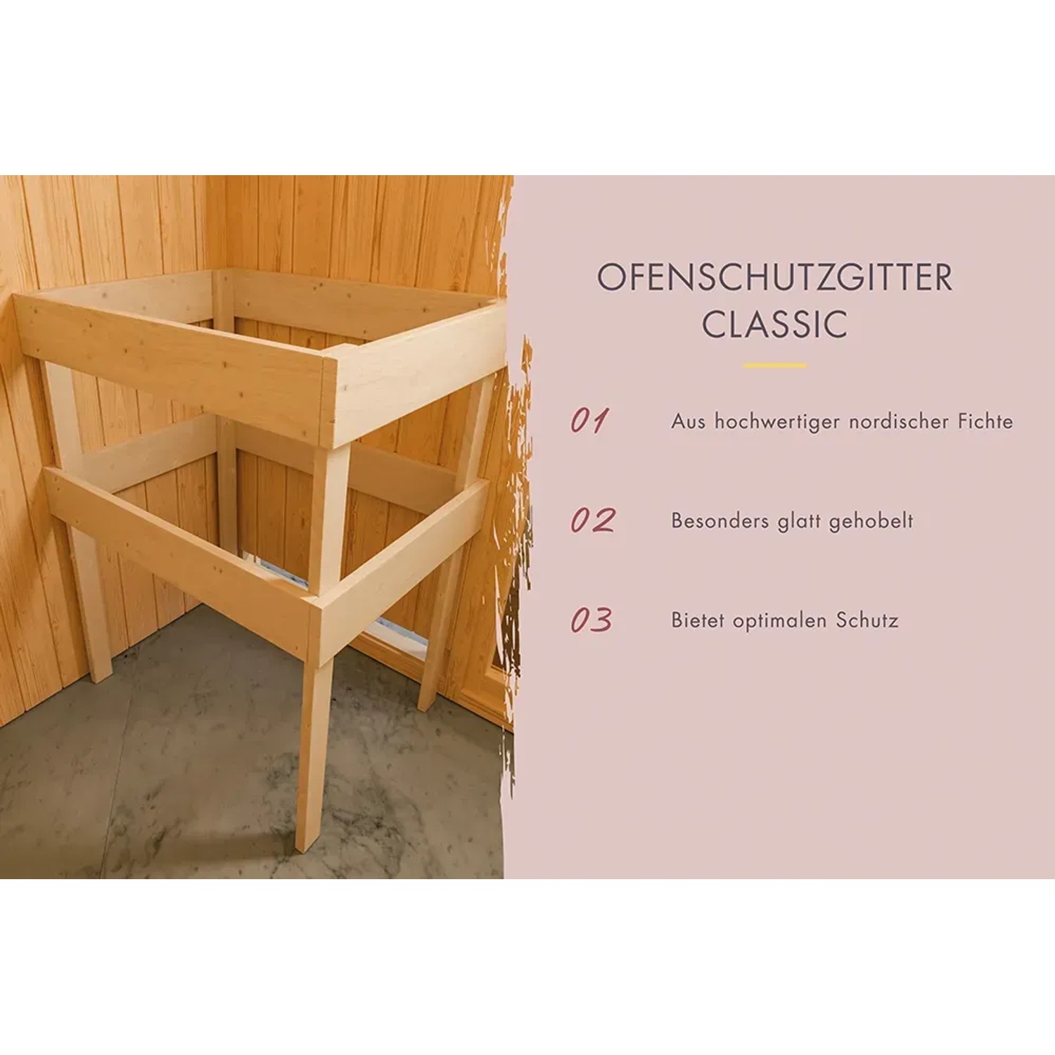 Karibu Ofenschutzgitter Classic für Saunahaus Seros, Fichte natur, Detailansicht.