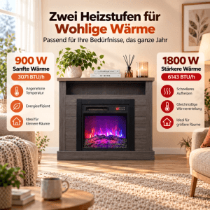 HOMAVO 18 Zoll Grauer Elektrokamin mit Kaminschrank 900W/1800W 3D Flamme Fernbedienung Timer Ablagefläche