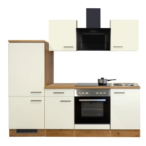 Flex-Well Küchenzeile Vintea 220 cm, Magnolia Matt/Lancelot Oak, mit E-Geräten und Spüle.