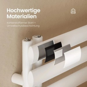 Schnittansicht eines weißen Emke Badheizkörpers mit ovalen Röhren, zeigt Stahlkern und robuste Schutzbeschichtung.