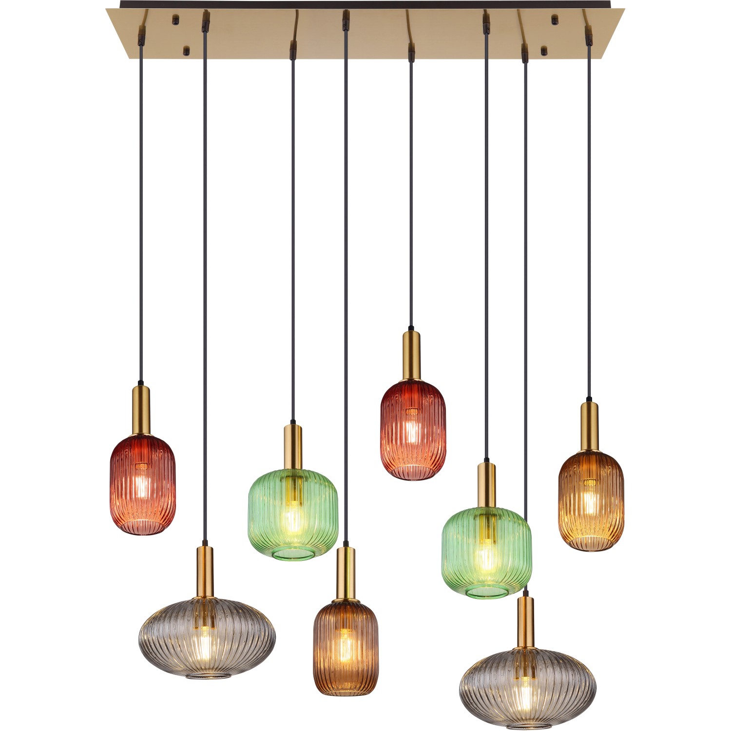 8-flammige Globo Pendelleuchte Normy mit bunten Glasschirmen und matter Messinghalterung.