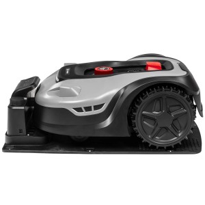 Texas Mähroboter RMX2000, seitliche Ansicht. Grau und Schwarz mit roten Akzenten.