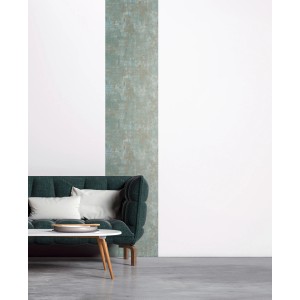 AS Creation selbstklebende Tapete Pop Up Panel in Rostoptik Grün-Gold an Wand hinter Sofa.