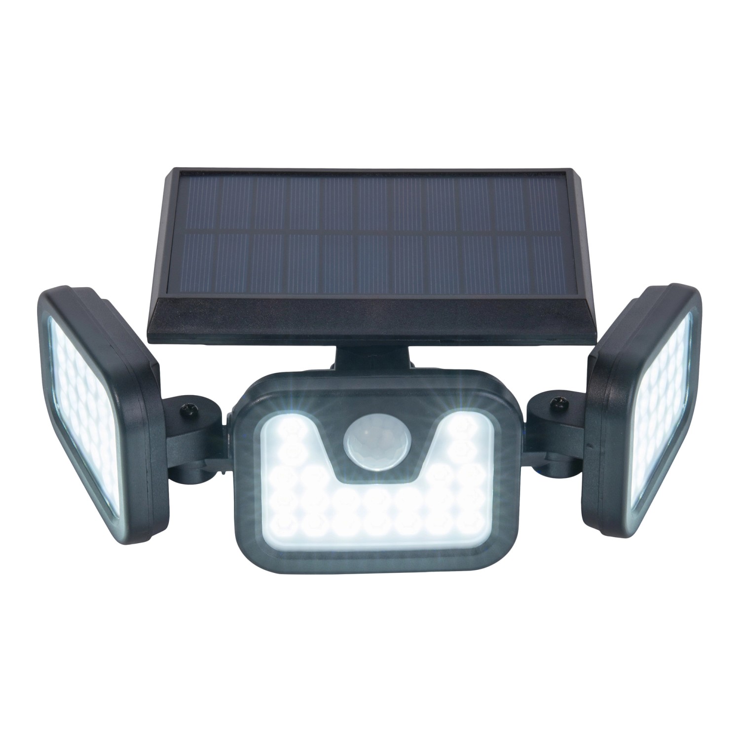 Schwarze LED Solar-Wandleuchte Pacita für den Außenbereich mit drei Leuchtelementen.