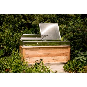 KGT Frühbeet-Aufsatz für Woody Hochbeet mit zwei geöffneten Klappen.
