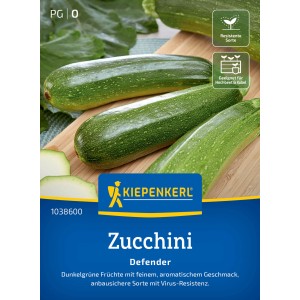 Kiepenkerl Zucchini Defender Samen: Dunkelgrüne Zucchini auf Holzbrett, samenfest und ertragreich.