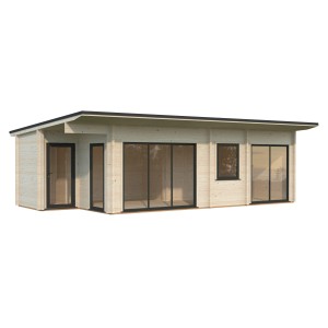 Palmako Ferienhaus Cecilia, 890x420 cm, naturbelassen, mit großen Fensterfronten und Eingangstür.