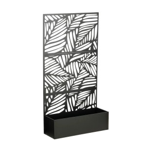 Schwarze MICA Rankhilfe Sapri aus Eisen mit Blattmuster und integriertem Pflanzkasten für Kletterpflanzen.