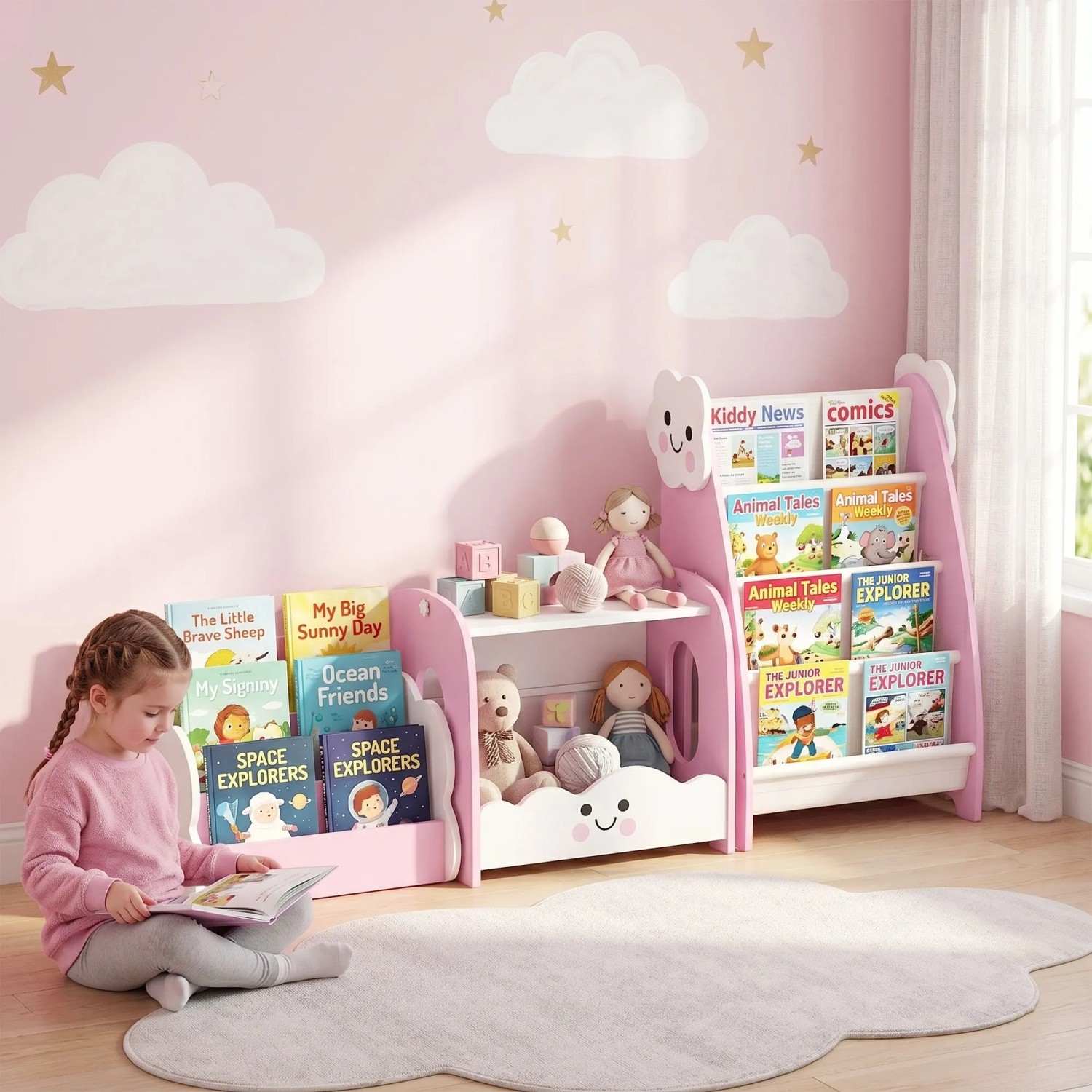 Rosa AIYAPLAY Kinderregal aus MDF mit Büchern und Spielzeug. Ein Kind liest davor. Montessori-Design für geordnete Kinderzimmer.