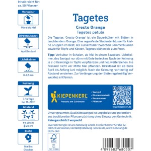 Kiepenkerl Tagetes Cresto Orange Saatgutpackung, orangefarbene Studentenblumen.