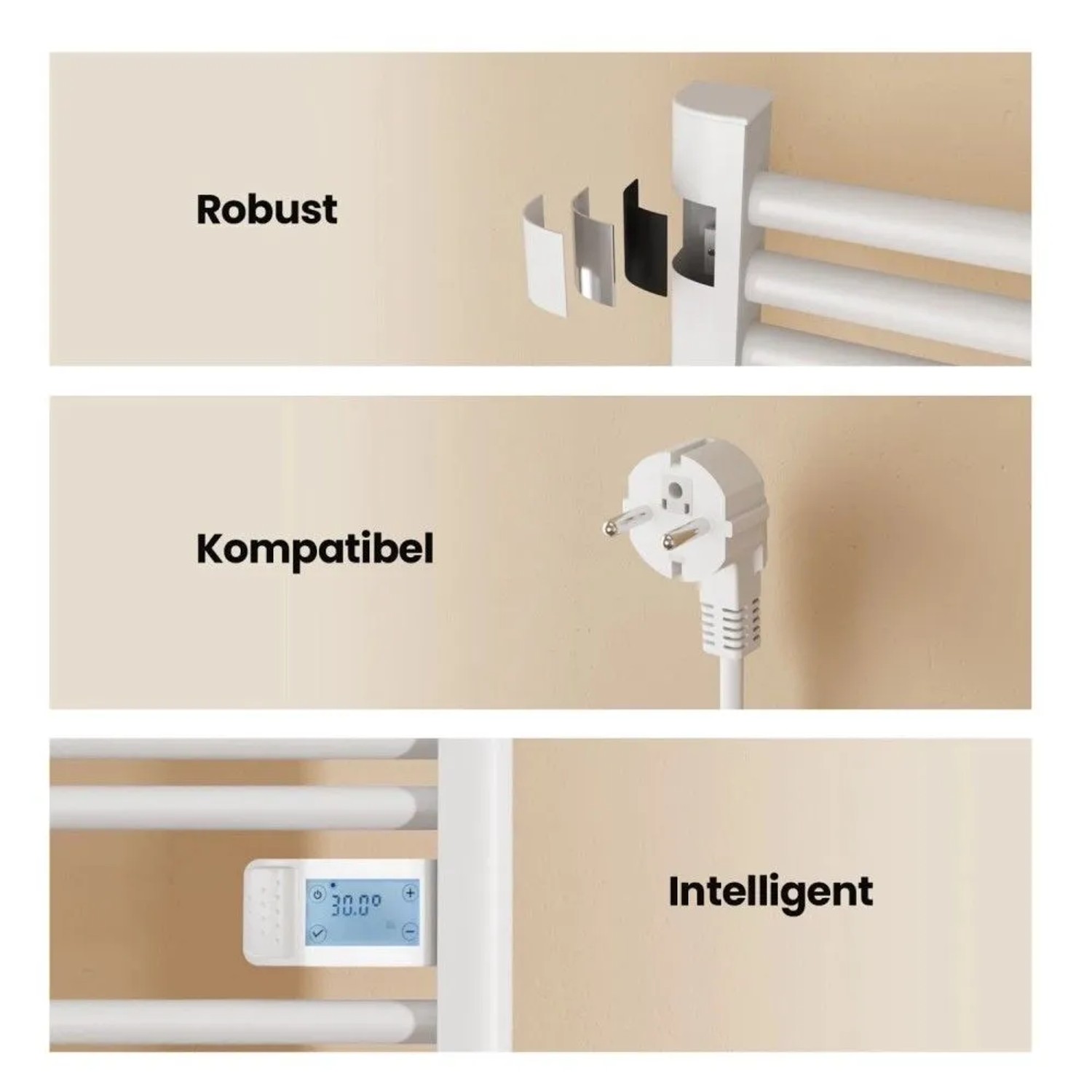 Weißer Emke Handtuchwärmer: Robuste Montage, elektrischer Anschluss, intelligentes LED Thermostat mit 30°C Anzeige.