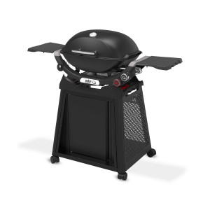 Schwarzer Weber Gasgrill Q2800N+ mit Rollwagen und Seitentischen.