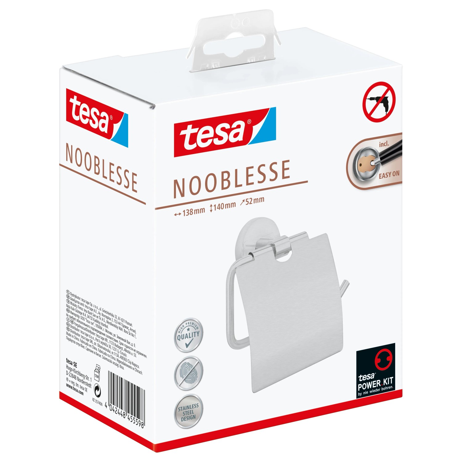 Verpackung: Tesa Nooblesse Toilettenpapierhalter mit Deckel in Edelstahloptik.