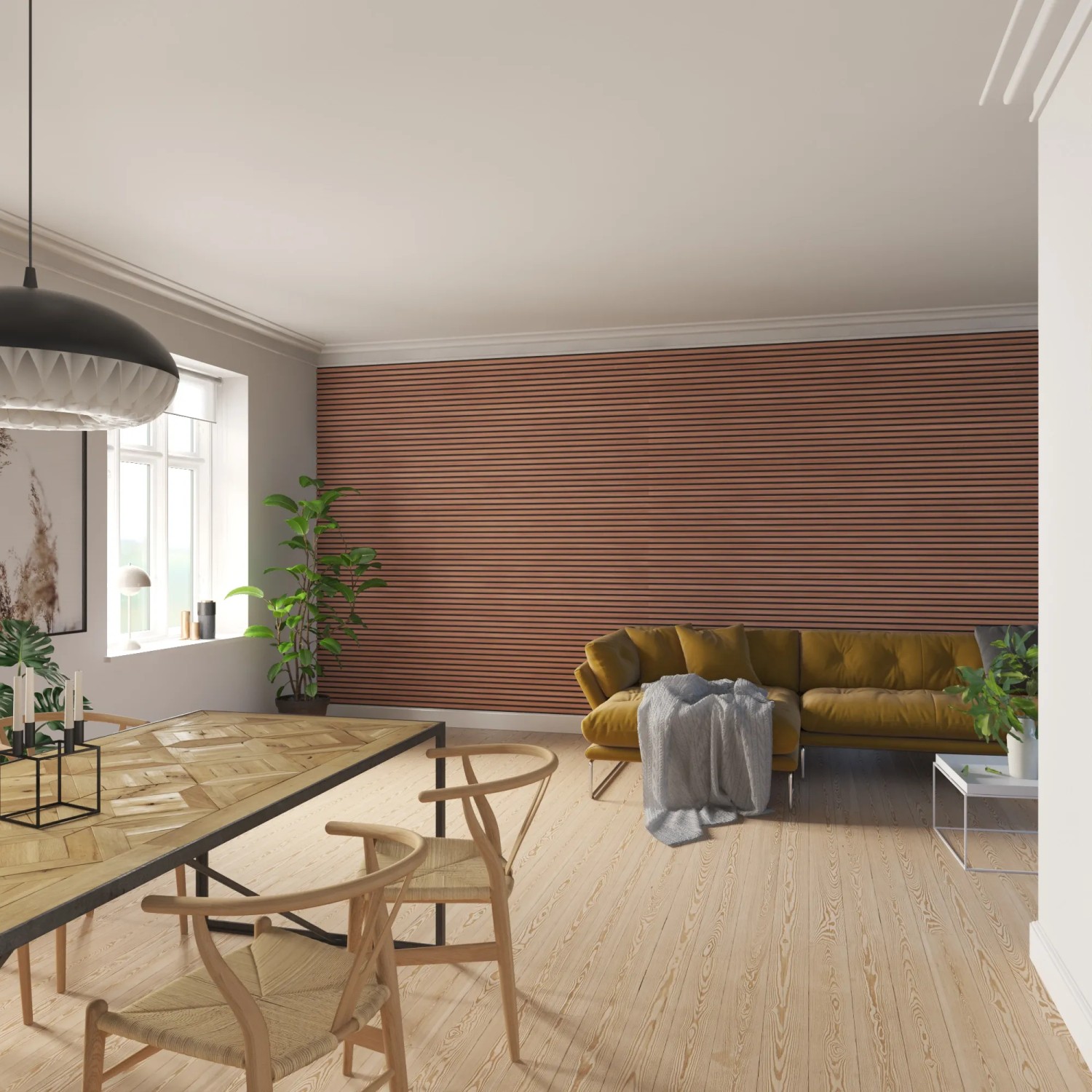 Wohnraum mit Mahagoni Akustikpaneel an der Wand, kombiniert mit schwarzen Filzstreifen für bessere Akustik.