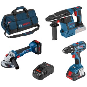 Bosch Professional Akku-Kombi-Kit: Winkelschleifer, Bohrhammer, 2 Akkus, Ladegerät und Tasche.