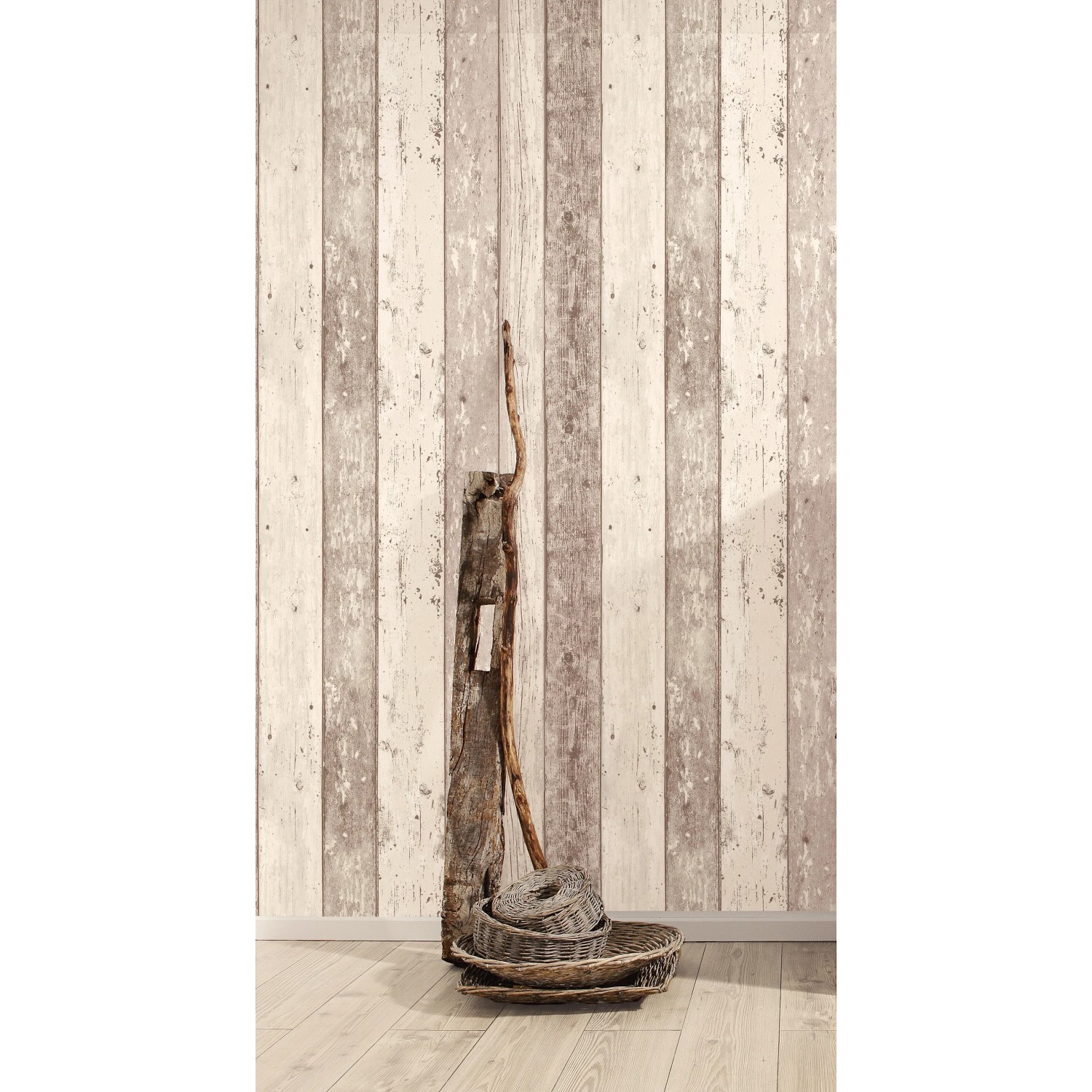 Beige Vliestapete im Holz-Look Surfing & Sailing mit maritimen Designelementen.