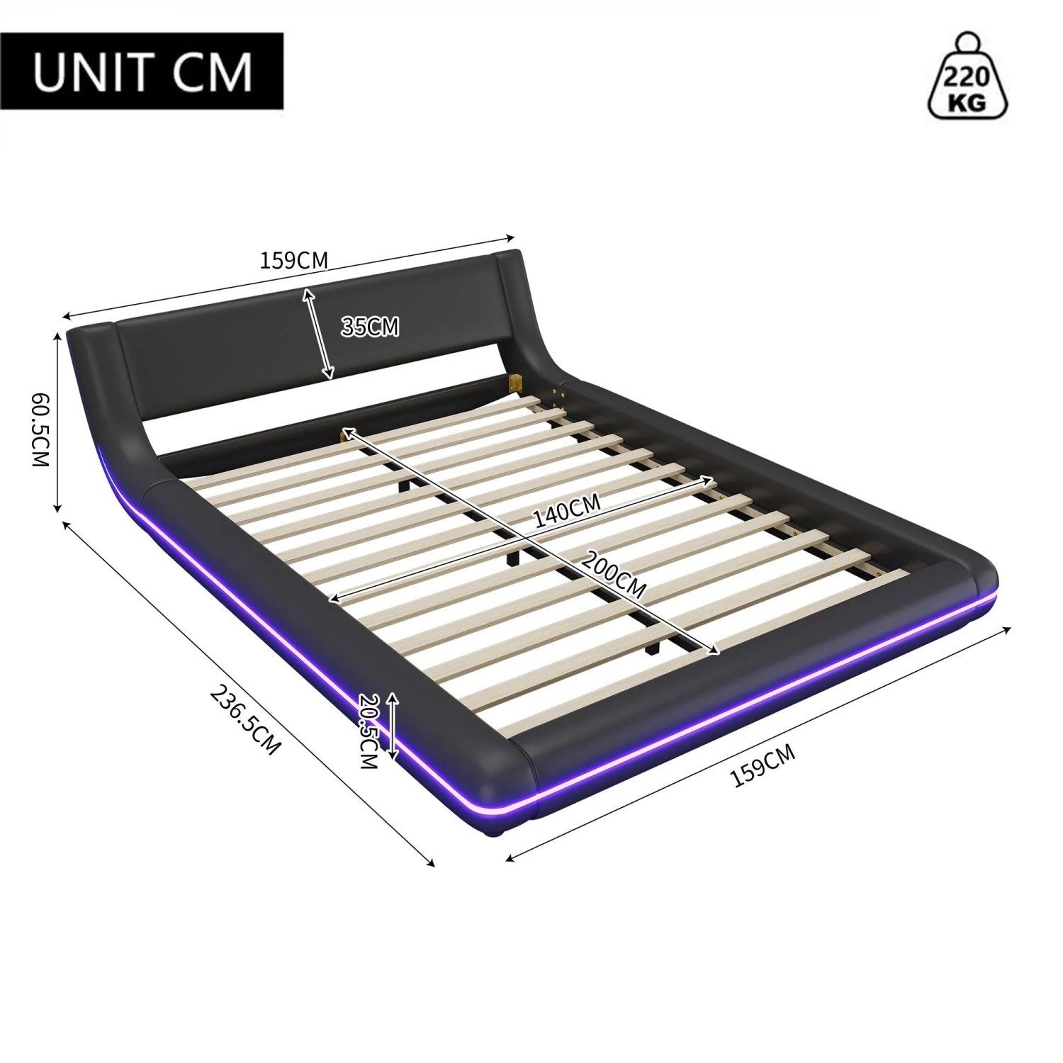 okwish Bodenbett 140x200cm mit LED Beleuchtung Schlafzimmer Schwarz ohne Matratze_5
