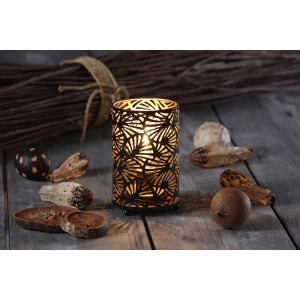 Kleine LED Stehlampe in Schwarz-Kupfer mit filigranem Muster für stimmungsvolles Licht.