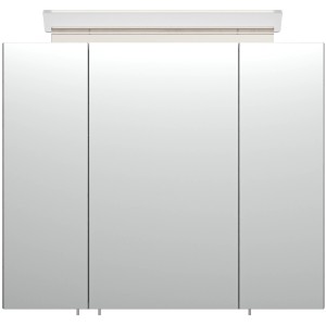 Posseik Spiegelschrank in Beton-Optik, 75 cm breit, mit drei Türen und Aufsatzleuchte.