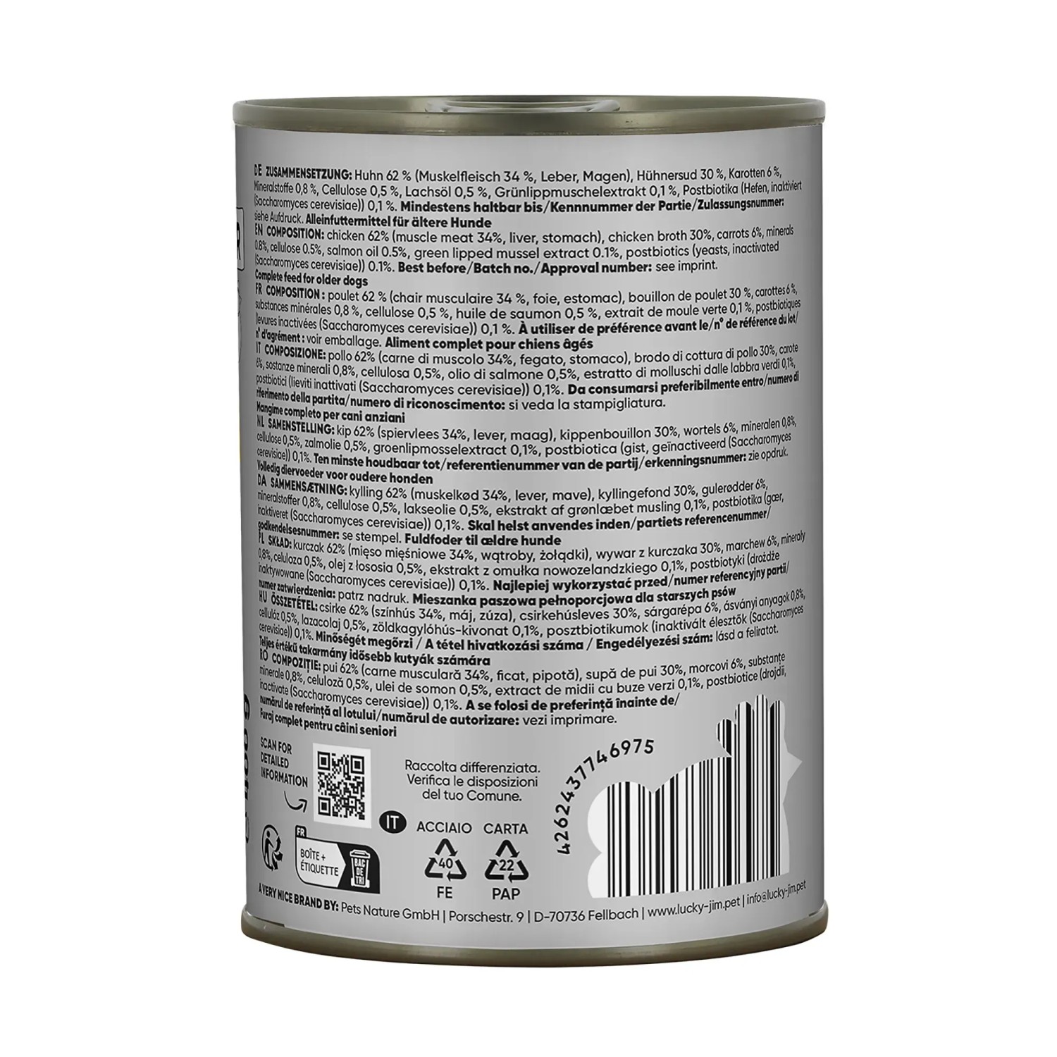 Lucky Jim Hunde-Nassfutter Senior Huhn, 400g Dose. Alleinfutter für ältere Hunde.