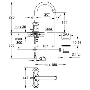 Technische Zeichnung: Grohe Costa Zweigriff-Waschtischbatterie, Maße und Anschlüsse für Installation.