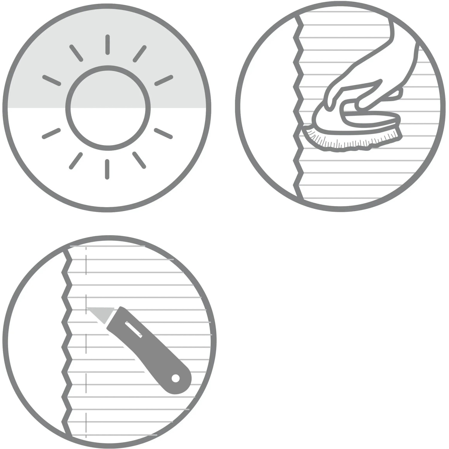 Symbole für Lichtdurchlässigkeit, Reinigung und Kürzbarkeit des weißen Schöner Wohnen Plissees.