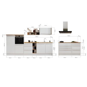 Respekta Inselküche Gabriel, 320 cm, Weiß Hochglanz mit E-Geräten und Kochinsel.