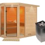 Karibu Sauna Sanna 3 mit Ofen aus Edelstahl und integrierter Steuerung aus naturbelassenem Holz.