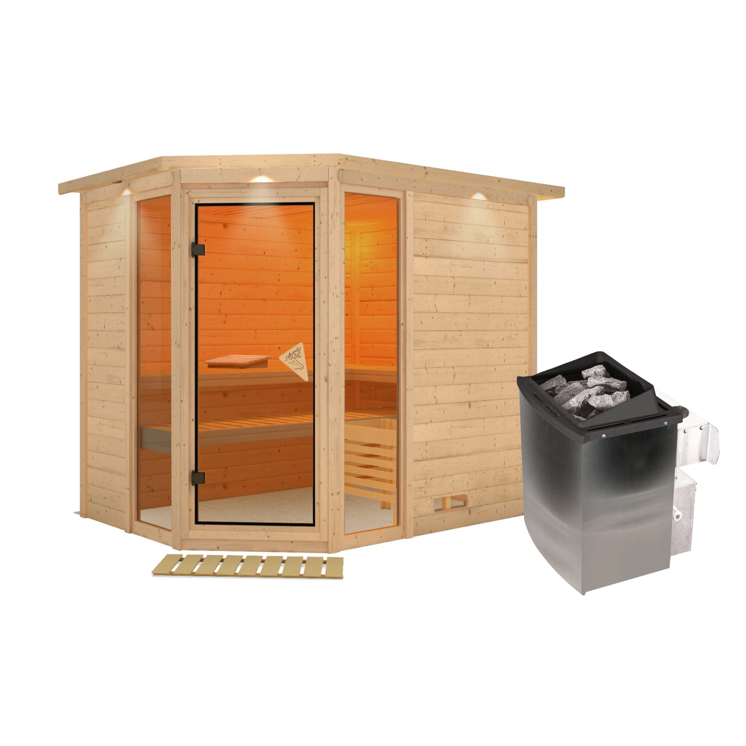 Karibu Sauna Sanna 3 mit Ofen aus Edelstahl und integrierter Steuerung aus naturbelassenem Holz.