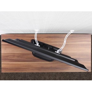 Reer TV-Kippsicherung an Flachbildschirm montiert, weiße Halterung. Schutz vor kippenden Fernsehern.