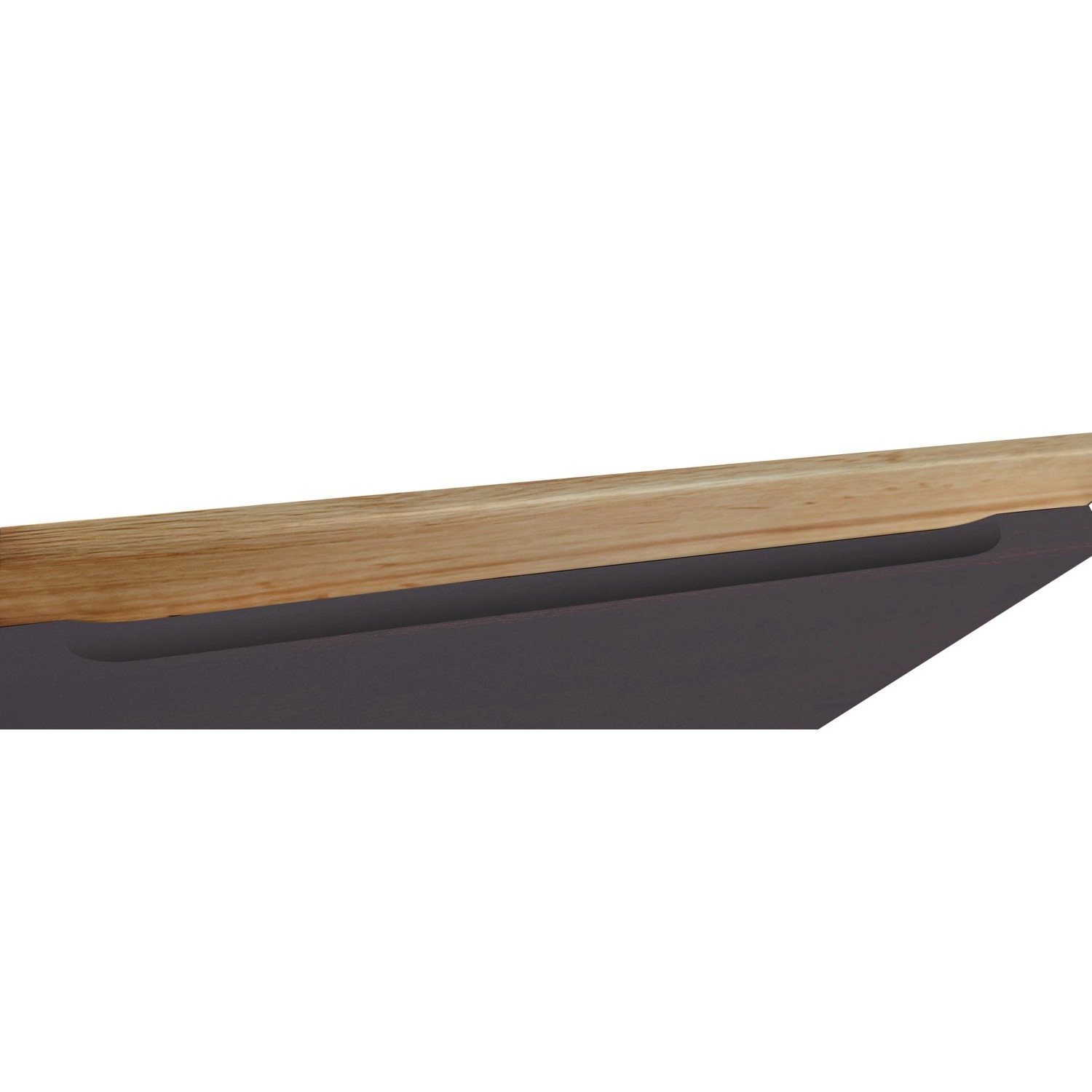 Detailaufnahme: Graphitfarbene Küchenzeile Turin mit Arbeitsplatte in Wotaneiche Dekor.