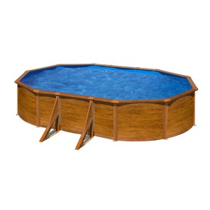 BWT Ovalpool-Set Feeling 5 m x 3 m x 1,32 m in Holzoptik mit Leiter und Sandfilteranlage.