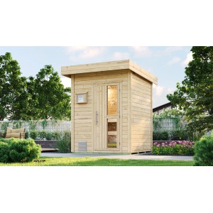 Weka Saunahaus Naantali Sparset mit Ofen, naturbelassenem Holz und Glastür.