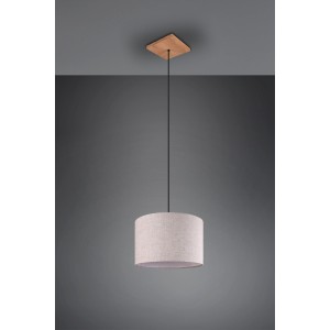 Hängelampe Elmau mit Stoffschirm in Weiß, Holz- und Metallelementen in Nickel antik für gemütliches Licht.