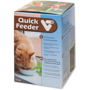 Verpackung des VT Futterautomat Quick Feeder für Teichfutter, kabellos und batteriebetrieben.