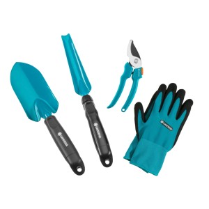 Gardena Kleingeräte Set, 4-teilig: Blumenkelle, Unkrautstecher, Gartenschere, Gartenhandschuhe.