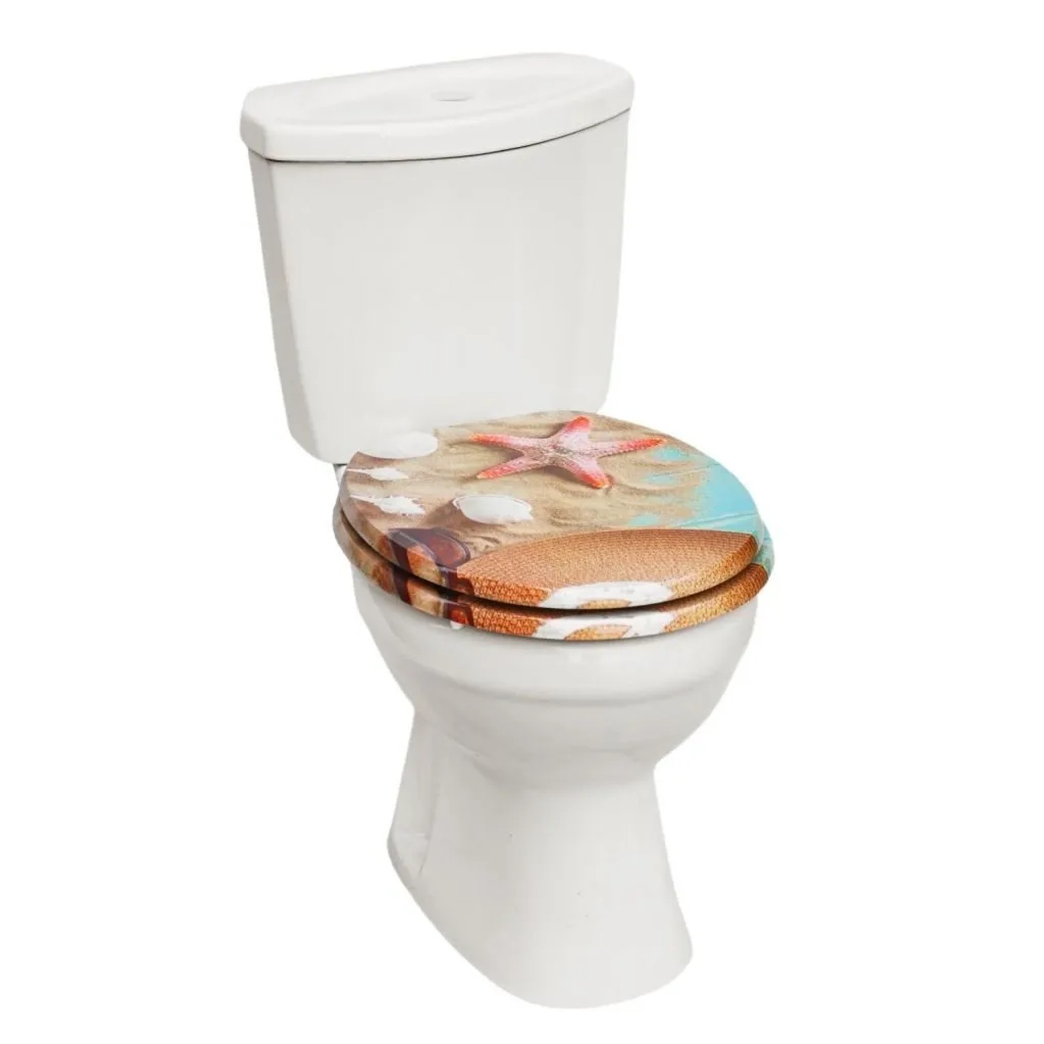 Sinobath WC-Sitz Oval mit Absenkautomatik, Strandmotiv mit Seestern und Muscheln auf Sand. Robustes MDF.