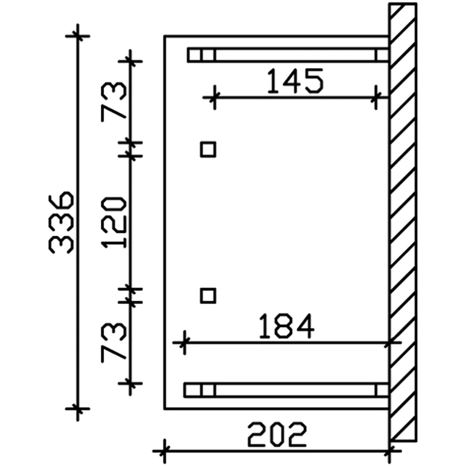 Technische Zeichnung: Skan Holz Vordach Paderborn 7, Maße 336x202 cm, Eiche hell lasiert.