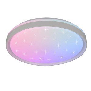 Weiße, runde Reality LED-Deckenleuchte Solit mit Farbwechsel und Sternenmuster.