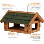 Vogelhaus Blockhaus aus Kiefernholz mit grünem Bitumendach und großer Futterfläche für den Garten.