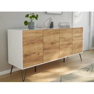 Posseik Sideboard Industrial H, weiß/Eiche, 4 Türen, 155 cm breit. Modernes Design mit Industriefüßen.