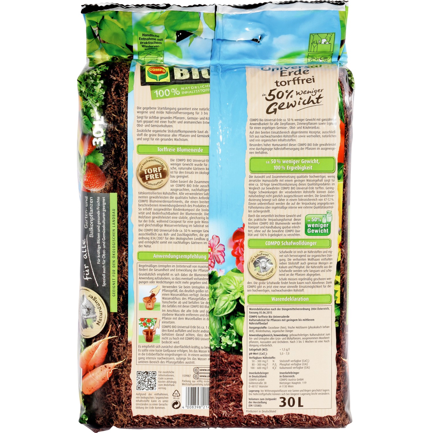 Sack Compo Bio Universal-Erde torffrei mit Schafwolle, weniger Gewicht, 30 l.