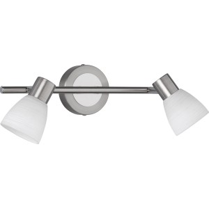 Dimmbarer LED-Spot Caprico, 2-flammig, Nickel matt, mit weißen Glaslampenschirmen.