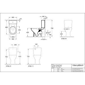 Technische Zeichnung: Villeroy & Boch O.novo Stand-WC, spülrandlos, Alpinweiß, Maße und Details.