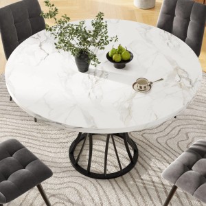 Runder Esstisch mit weißer Marmoroptik-Platte und schwarzem Metallgestell. Modernes Design für 4-6 Personen.