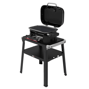 Weber Lumin Compact Elektrogrill mit Stand, schwarz, mit geöffnetem Deckel und Grillrost.
