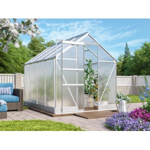 Vitavia Gewächshaus Apollo 5000 mit Alu-Rahmen und Fundament im Garten.