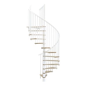 Weiße Minka Spindeltreppe Switch, Ø 120 cm, mit Eichenholzstufen. Innentreppe für flexible Designmöglichkeiten.